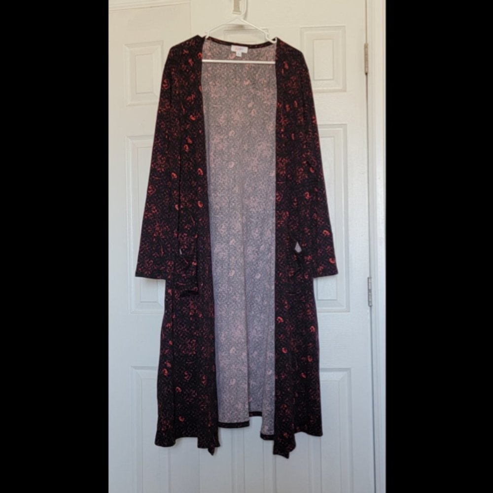 LulaRoe XL Sarah Cardigan  - Black with pink print